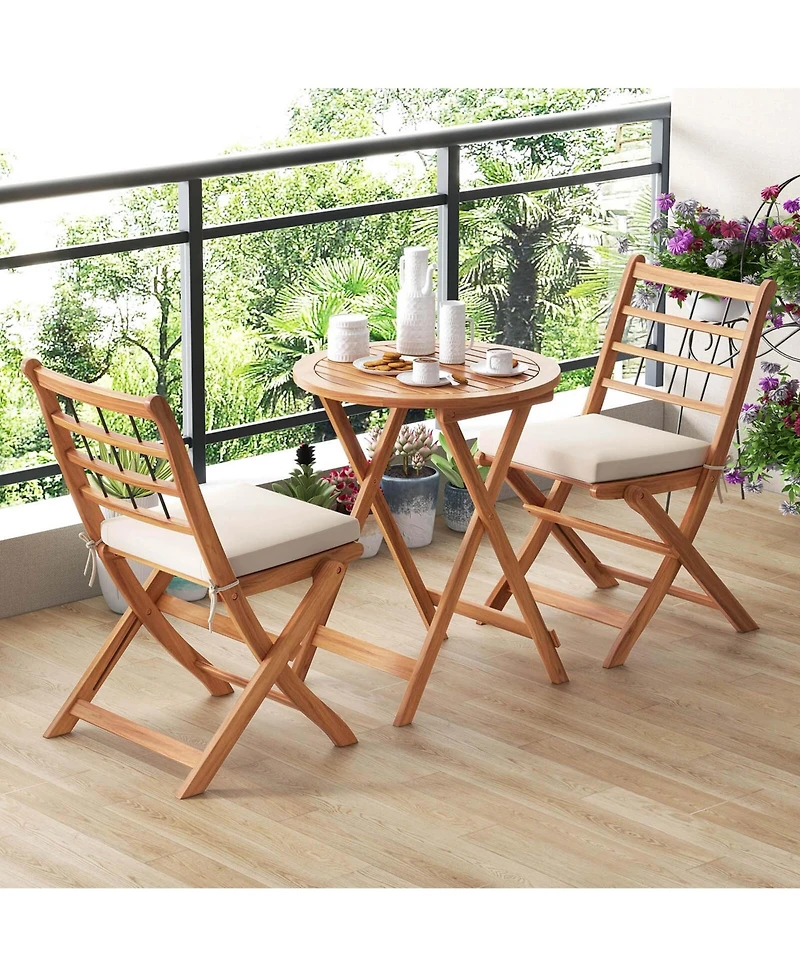 3 Pcs Acacia Wood Patio Bistro Set Folding Outdoor Table and Chairs with Cushions