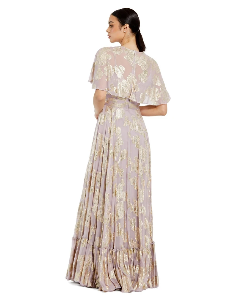 Mac Duggal Women's Floral Print High Neck Cape Sleeve A Line Gown