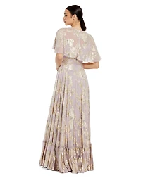 Mac Duggal Women's Floral Print High Neck Cape Sleeve A Line Gown