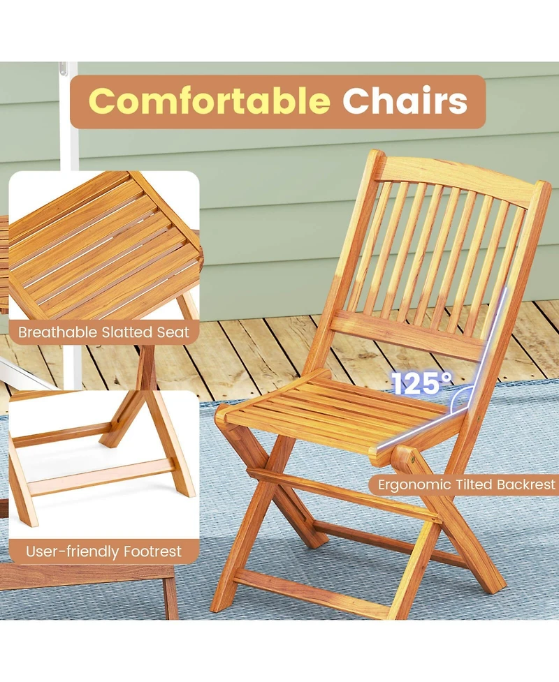 3 Pcs Acacia Wood Patio Bistro Set Folding Table & Chairs with Cushions