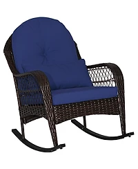 Patio Rattan Rocking Chair with Seat Back Cushions and Waist Pillow-Navy