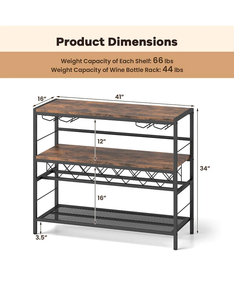41" Wine Rack with 4 Glass Holders Wide Countertop Middle & Bottom Storage Shelves
