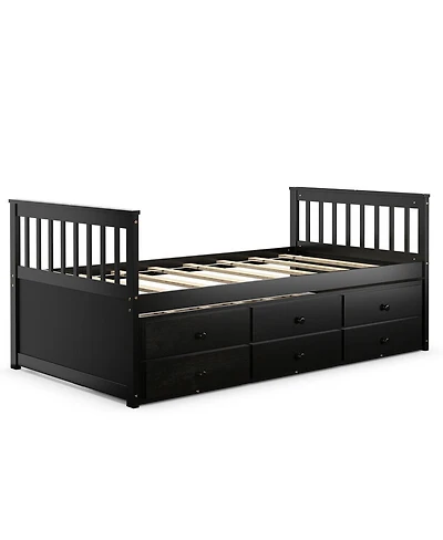 Captain s Bed with Pull-Out Trundle and 3 Storage Drawers for Kids or Guest Room
