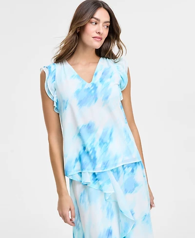 Jones New York Petite Printed Ruffle-Trim Sleeveless Top