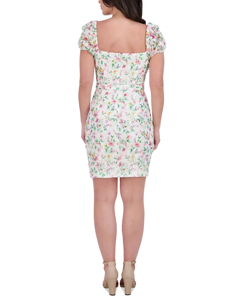 kensie Women's Floral-Print Lace Sweetheart Dress