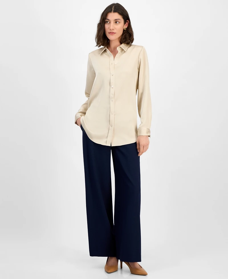 Tahari Asl Women's Satin Long-Sleeve Button-Front Blouse