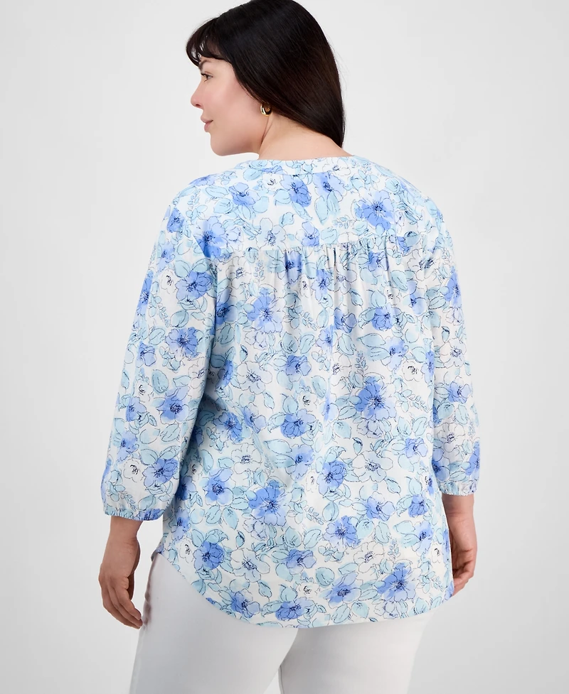 Jones New York Plus Size Floral-Print Linen-Blend Tunic