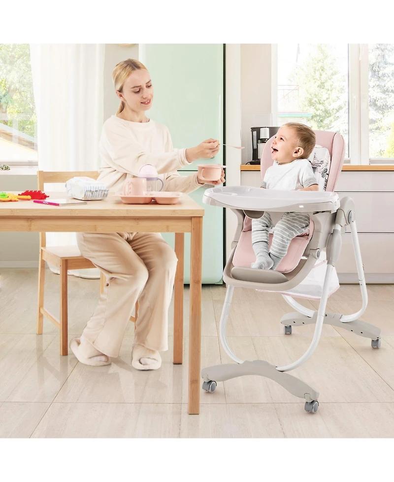 Multifunctional Folding Baby High Chair with Rolling Wheels and Adjustable Height