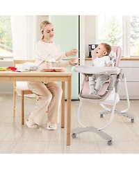 Multifunctional Folding Baby High Chair with Rolling Wheels and Adjustable Height