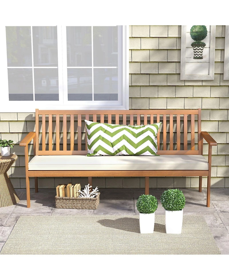 Outdoor 3-Seat Wood Bench with Seat Cushion and Slatted Seat