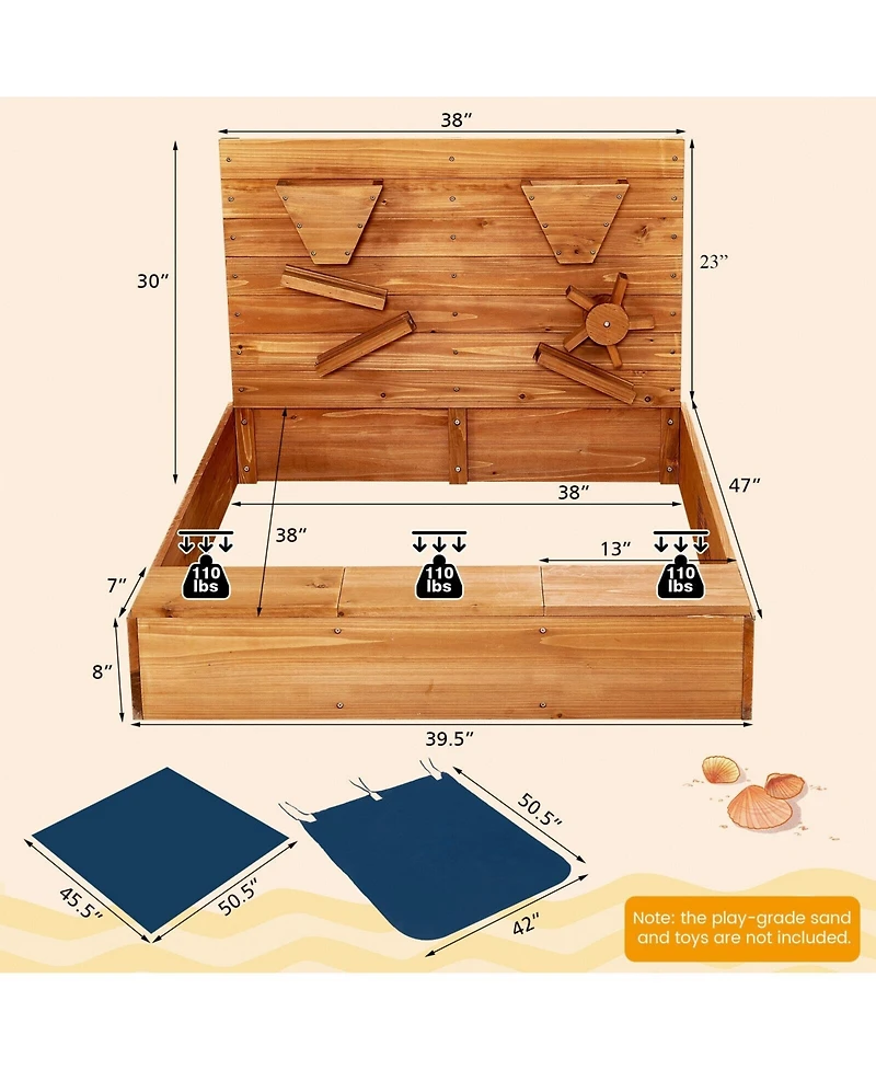 Kids Wooden Square Sandbox with Cover Outdoor Play Area for Sand Play and Protection