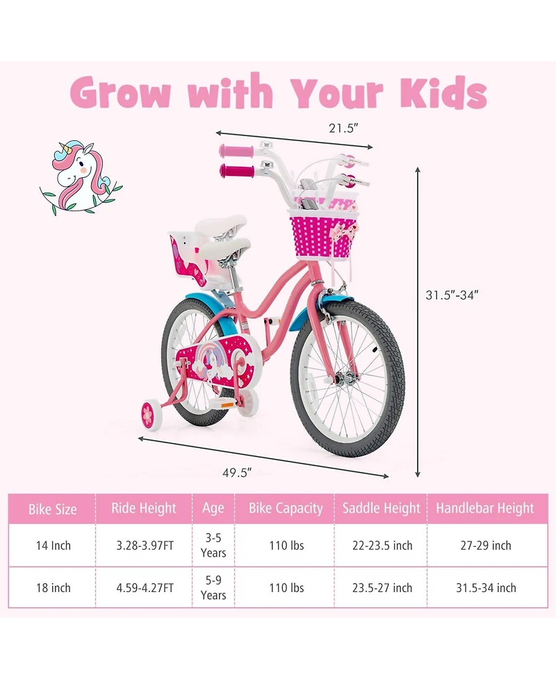 Kids Bike with Training Wheels and Front Basket for Ages 3–9