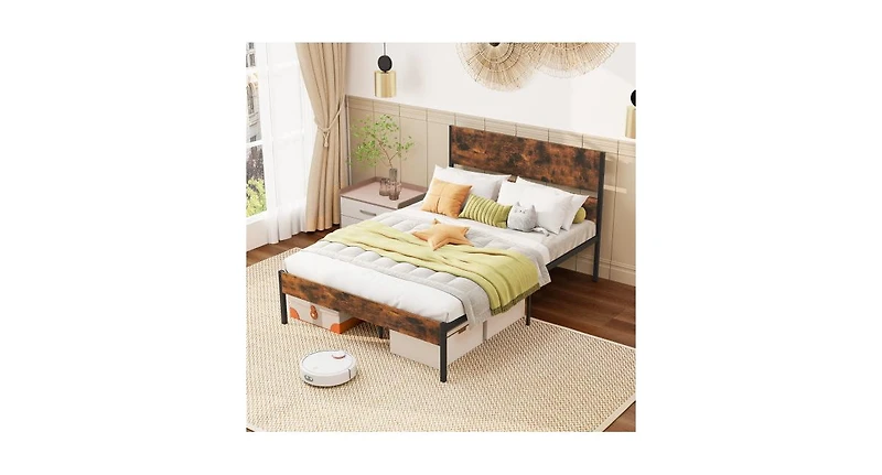 Metal Bed Frame with Wooden Headboard and Footboard