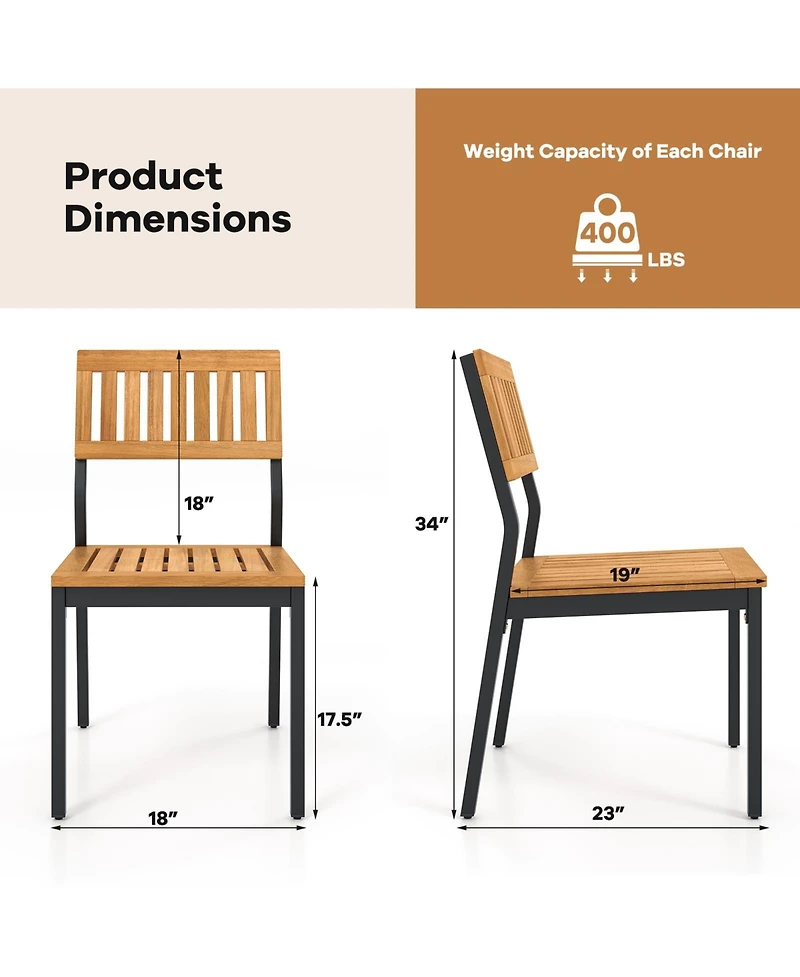 Patio Dining Chair Set of 2 with Metal and Acacia Wood Frame