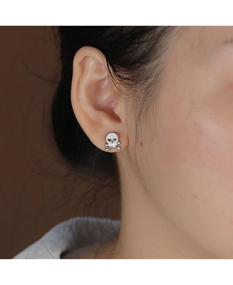 Bling Jewelry Whimsical Heart Eyes Pirate Skull & Crossbones Stud Earrings Sterling Silver