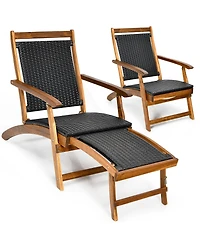 2PCS Patio Folding Rattan Lounge Chair Wood Frame Retractable Footrest