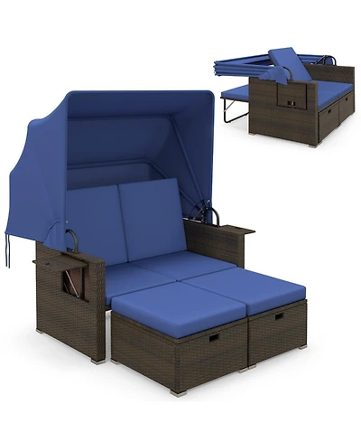Outdoor Patio Rattan Daybed with Retractable Canopy and Adjustable Backrests