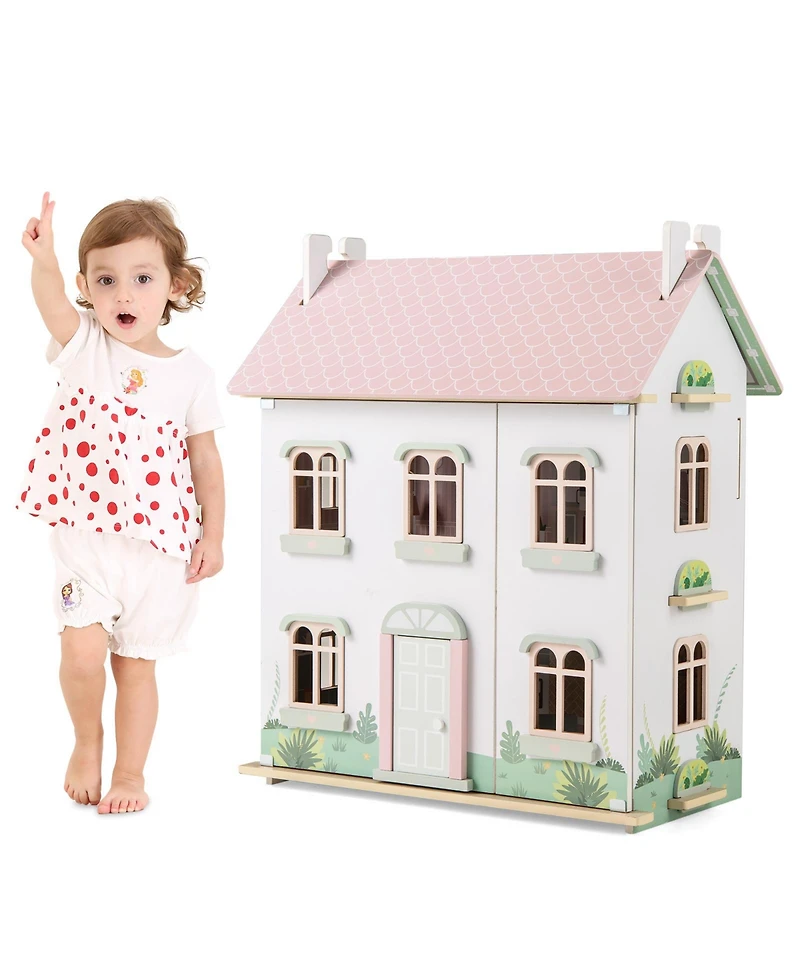 Kids 3-Level Dollhouse with Double-Sided Roofs & Doors Interactive Playset for Kids