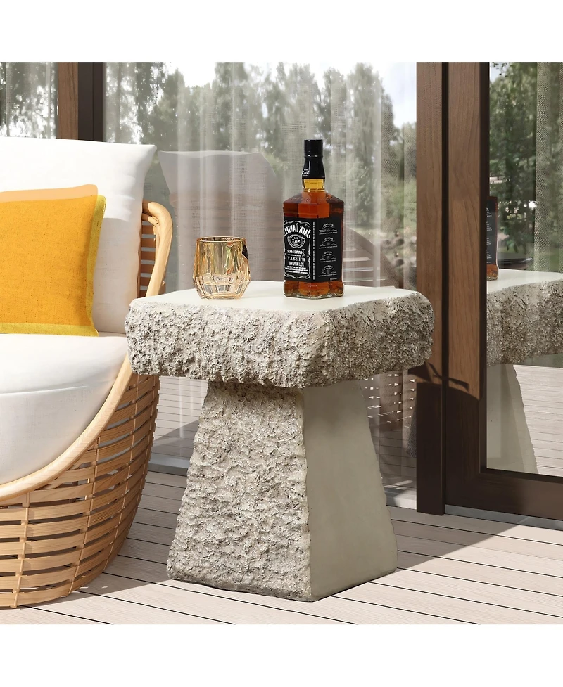 LuxenHome Rock Square Outdoor Side Table, 18 Inch Cement Side Table for Patio, Small Concrete Accent End Table for Living Room, Balcony, Vintage Outsi