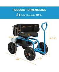 Cushioned Rolling Garden Cart Scooter with Storage Basket and Tool Pouch Comfortable Convenient Outdoor Helper