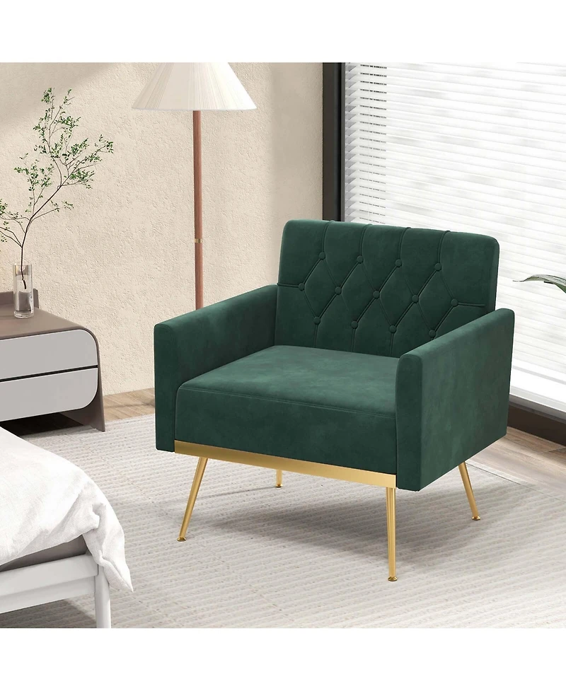 Modern Velvet Accent Chair with Button Tufted Back Golden Metal Legs & Foot Pads