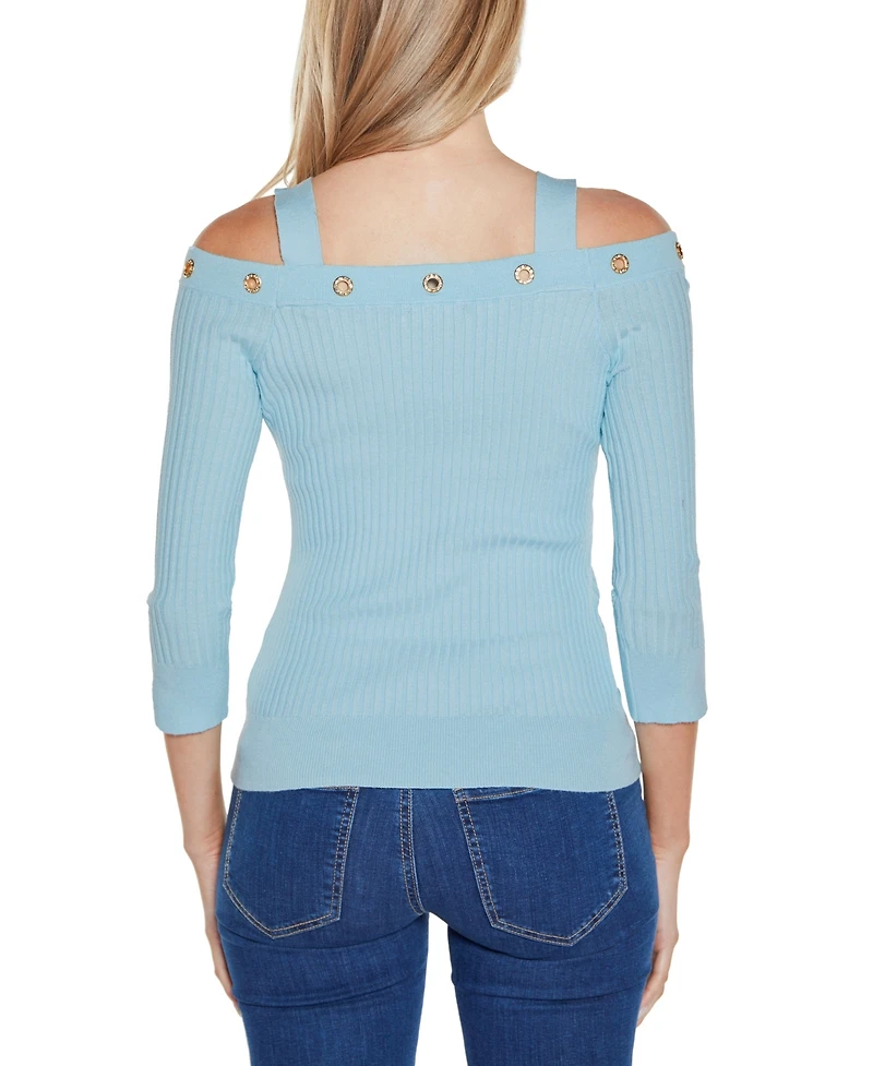 Belldini Women's Rhinestone Grommet Cold-Shoulder Sweater