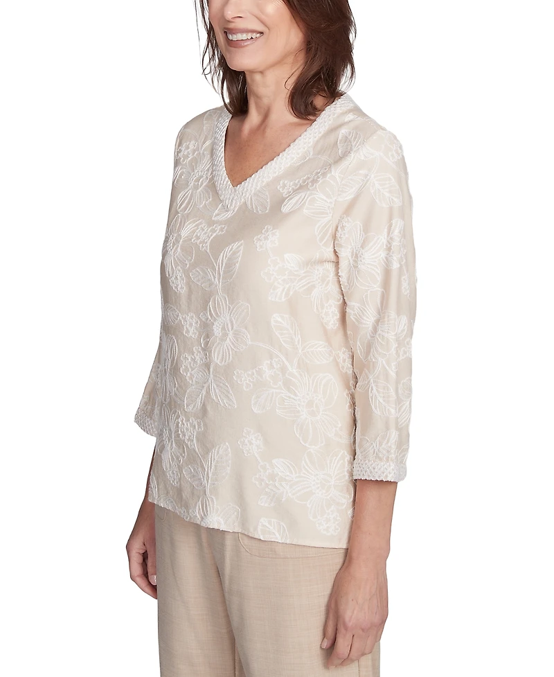 Alfred Dunner Petite Floral-Embroidered 3/4-Sleeve Top