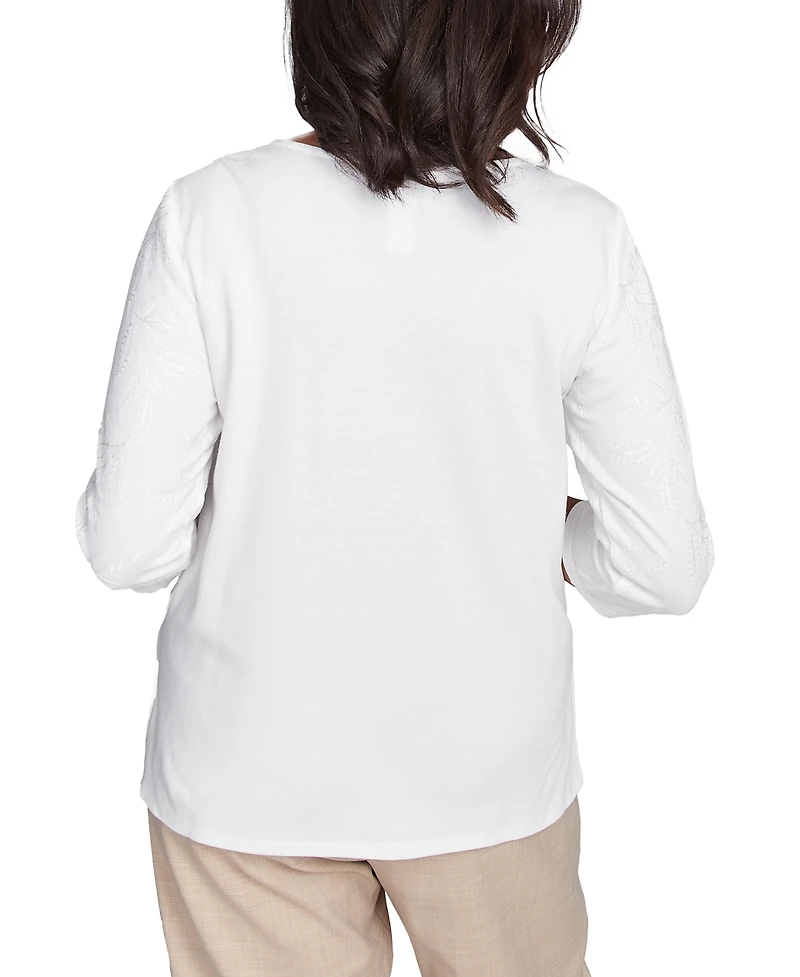 Alfred Dunner Petite Floral-Embroidered Split-Neck Top