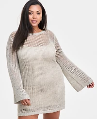 Bar Iii Trendy Plus Long-Sleeve Crochet Mini Dress, Exclusively at Macy's