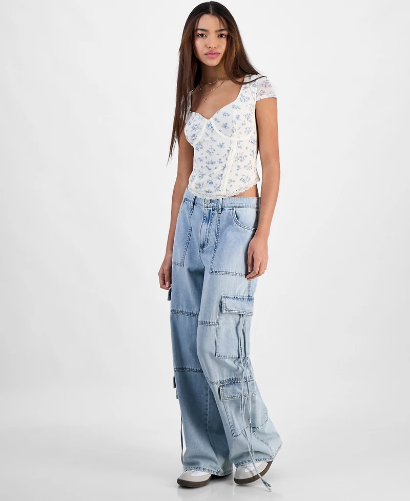 Hippie Rose Juniors' Corset Short-Sleeve Mesh Top