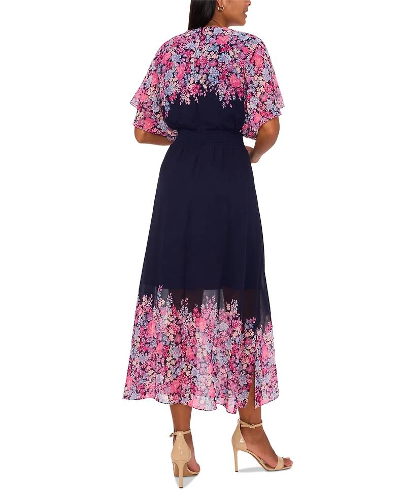 Msk Women's Chiffon Smocked-Waist Floral-Print Dress