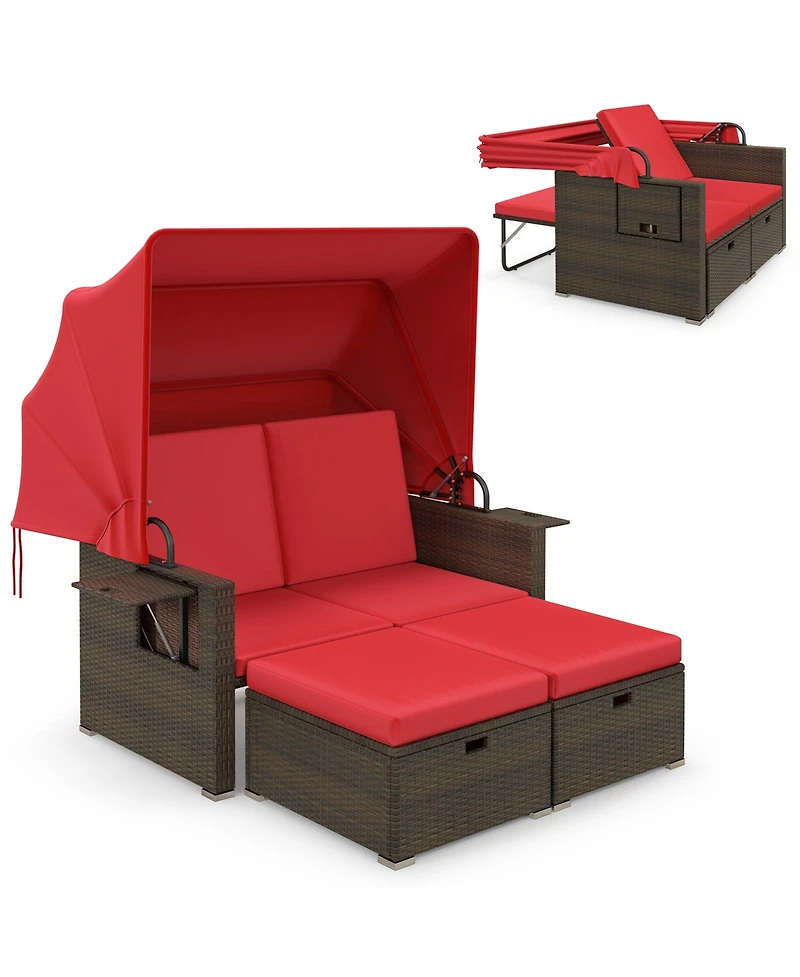 Outdoor Patio Rattan Daybed with Retractable Canopy and Adjustable Backrests