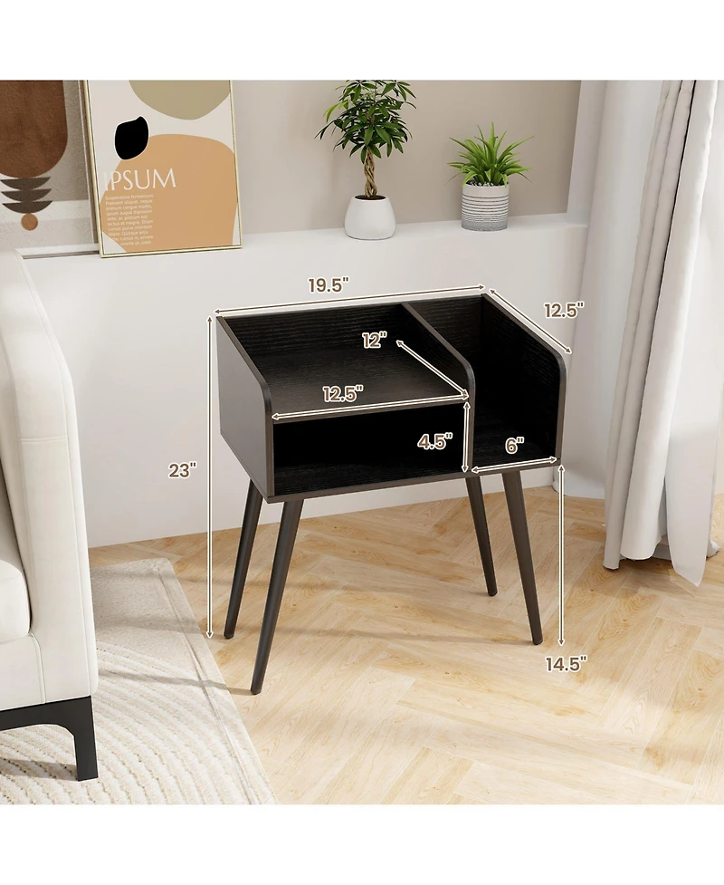 Mid Century Modern Nightstand with Open Shelves for Bedroom Storage