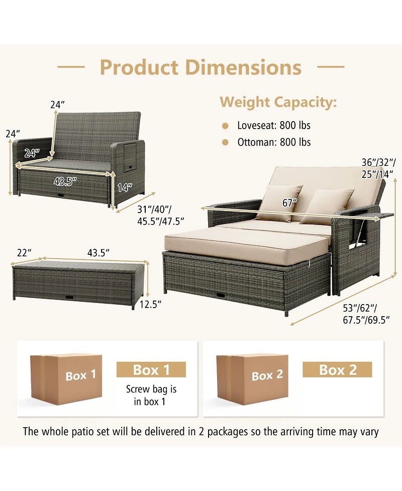 Patio Wicker Loveseat Sofa with Multipurpose Ottoman and Retractable Side Tray
