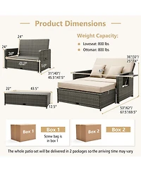 Patio Wicker Loveseat Sofa with Multipurpose Ottoman and Retractable Side Tray