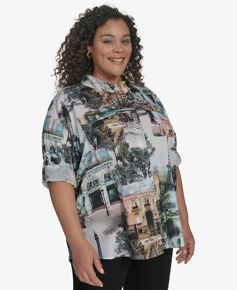 Karl Lagerfeld Paris Plus Size Whimsical Paris-Print Shirt, Exclusively at Macy's