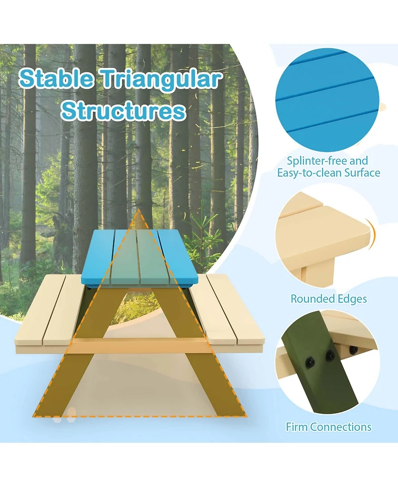 Kids Wooden Picnic Table Set Solid Dining Table with Built-in Benches for Patio