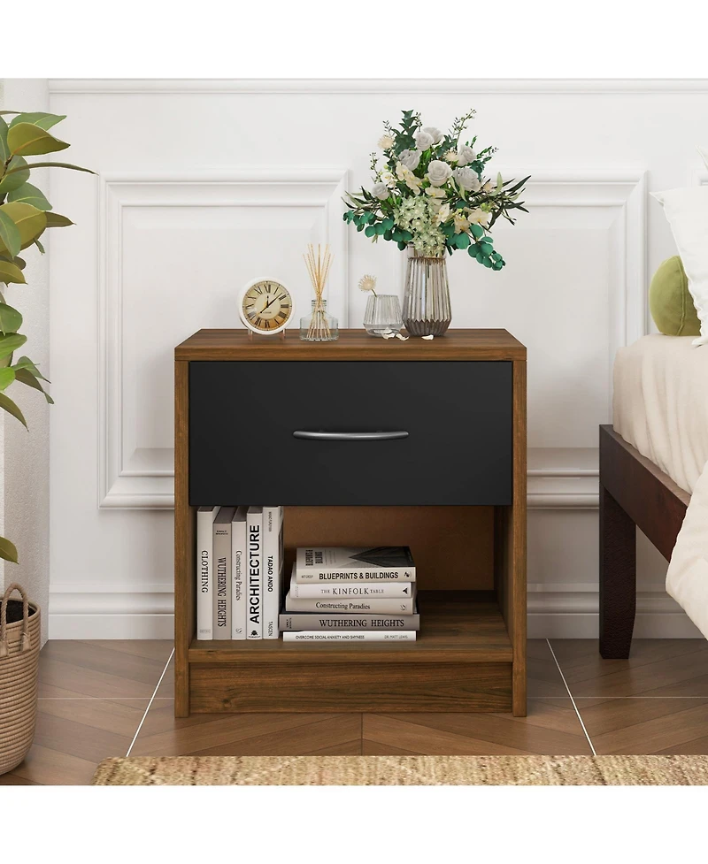 Nightstand with Drawer and Open Shelf for Bedside Storage Bedroom or Guest Room