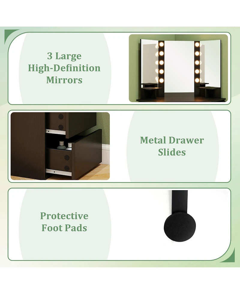 Corner Vanity Desk with 3-Color Led Lighted Mirror & Power Outlet Stylish Makeup for Bedroom