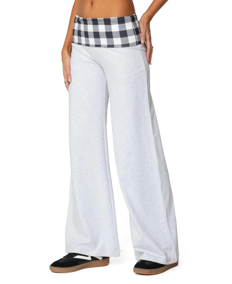 Edikted Womens Beth Gingham Fold Over Pants