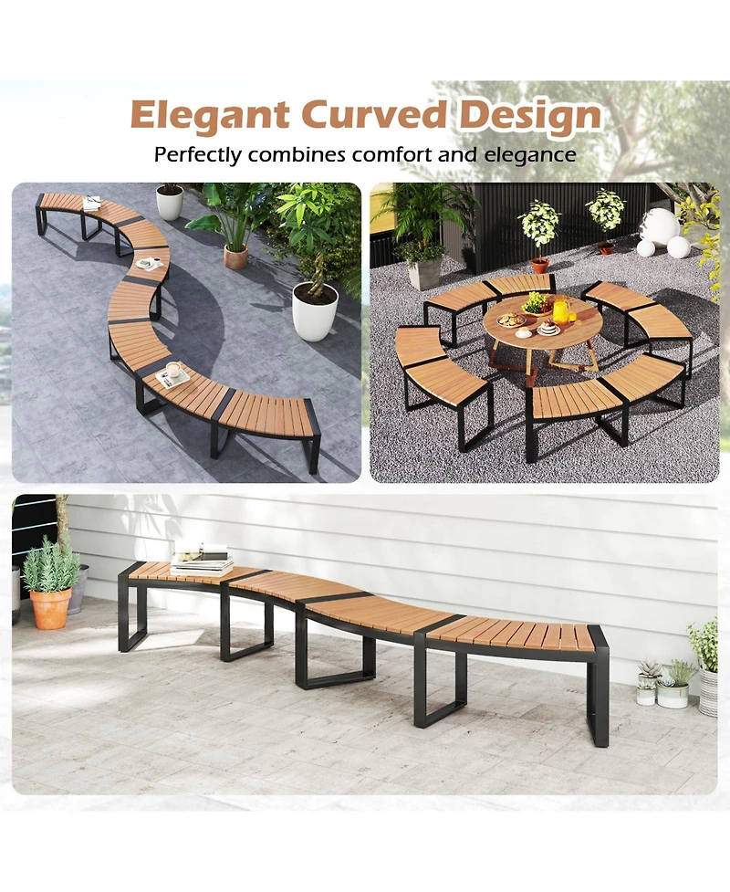 Patio Curved Bench with Slatted Seat and Metal Legs-1 Piece