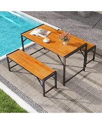 3 Pieces Patio Dining Set with Acacia Wood Dining Table and 2 Benches
