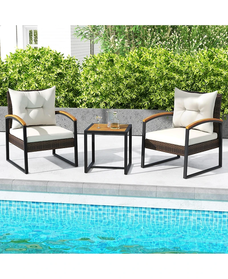 Gymax 3PCS Patio Wicker Furniture Set Pe Wicker Furniture Conversation Set w/ Acacia Wood Table