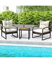 Gymax 3PCS Patio Wicker Furniture Set Pe Wicker Furniture Conversation Set w/ Acacia Wood Table
