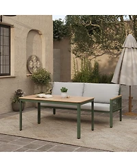 LuxenHome Outdoor Aluminum with Wood-Style Plastic Loveseat Sofa with Cushions and Coffee Table Set