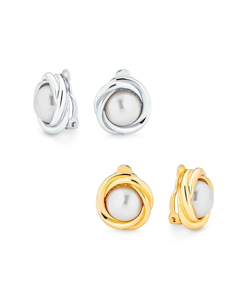 Bling Jewelry Set of 2 Twist Braided Rope Clip-On Earrings Simulated Pearl Rose Gold Plated