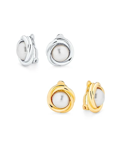 Bling Jewelry Set of 2 Twist Braided Rope Clip-On Earrings Simulated Pearl Rose Gold Plated