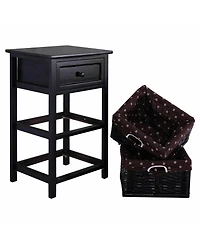 3 Tier Set of 2 Wood Nightstand with 1 and 2 Basket Drawer