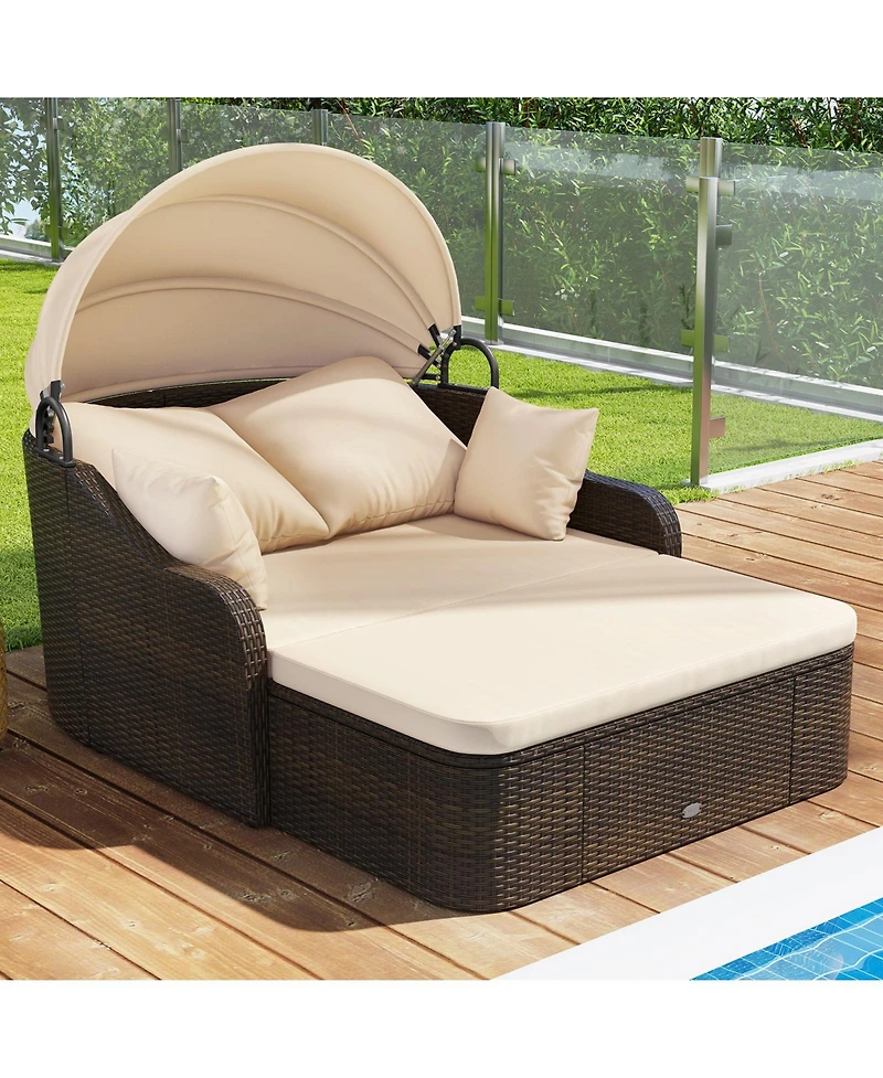 Patio Pe Rattan Daybed with Retractable Canopy and Soft Cushions