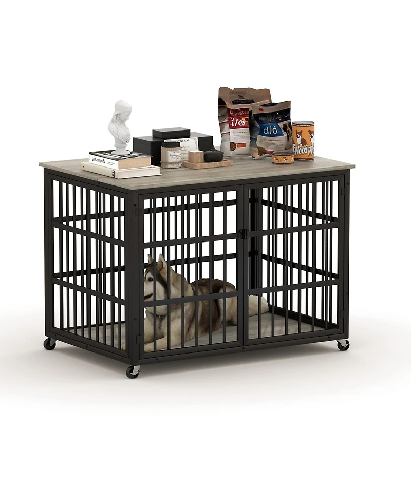 Furniture style dog crate wrought iron frame door with side openings, Rustic Brown